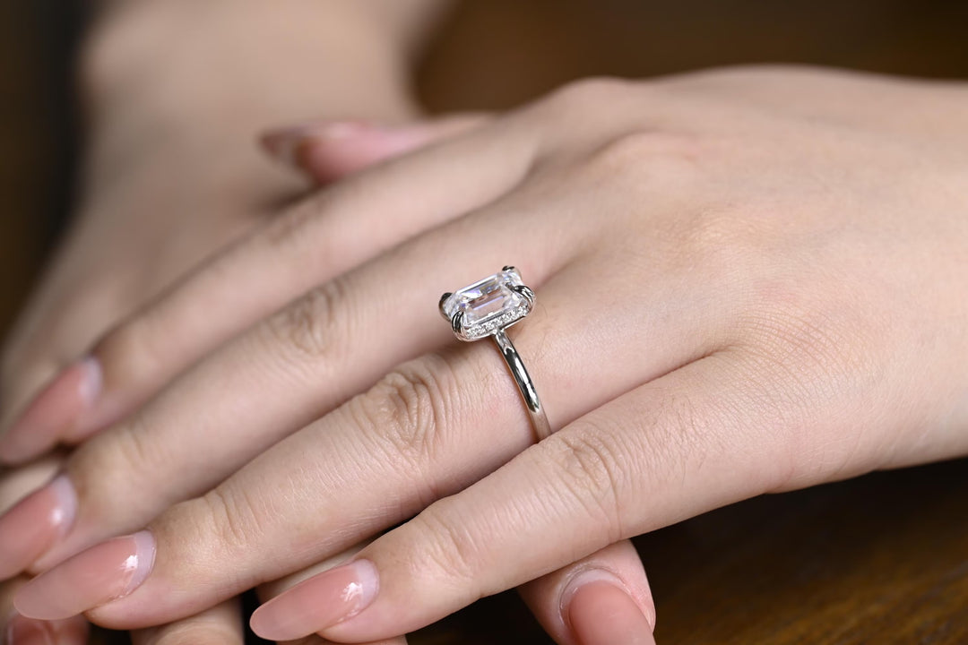 2.0CT Emerald Cut Hidden Halo Lab Grown Diamond Engagement Ring For Women