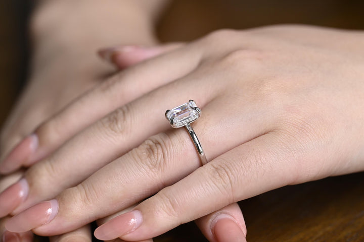 2.0CT Emerald Cut Hidden Halo Lab Grown Diamond Engagement Ring For Women