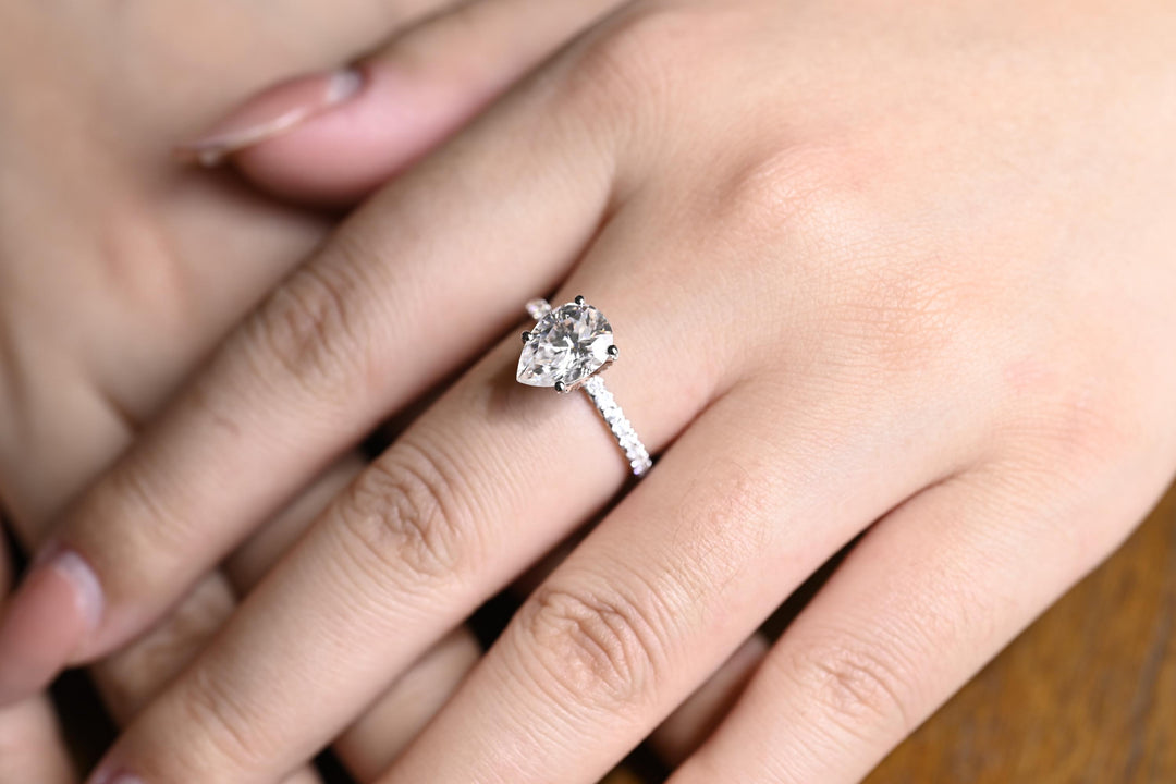 1.0CT Pear Cut Pave Lab Grown Diamond Hidden Halo Engagement Ring, Anniversary Gift