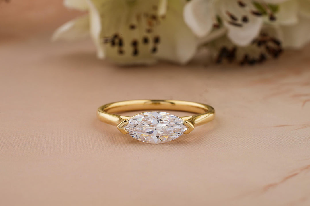 2.0CT East West Marquise Cut Half Bezel Lab Grown Diamond Engagement Ring For Her