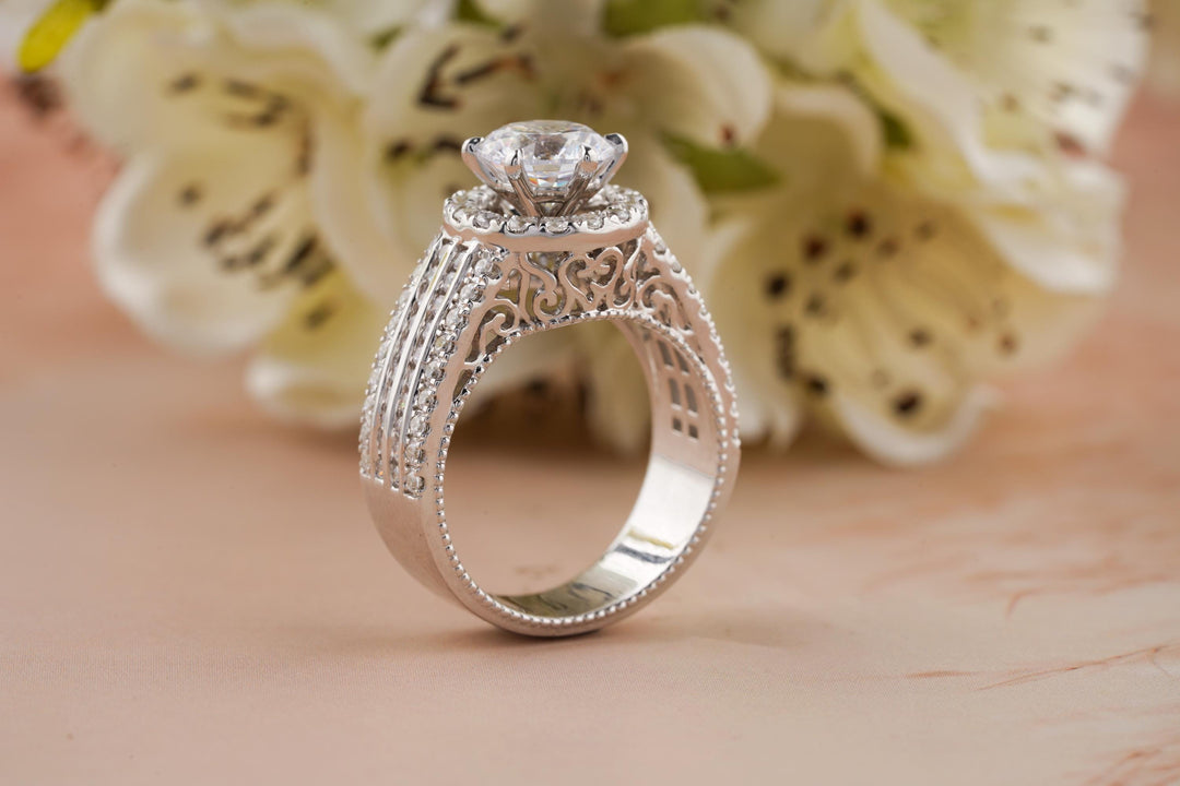 1.0CT Round Cut Halo Lab Grown Diamond 3 Row Engagement Ring For Her