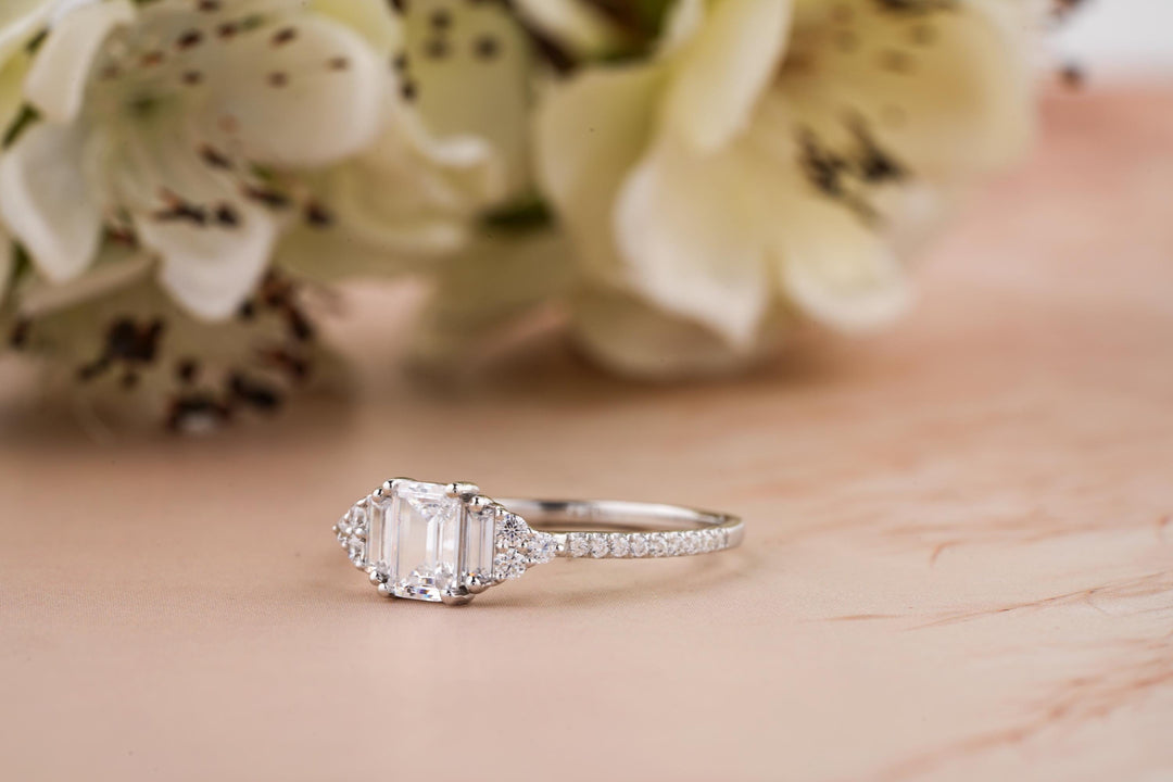 0.50CT Emerald Cut 3 Stone Lab Grown Diamond Engagement Ring For Women