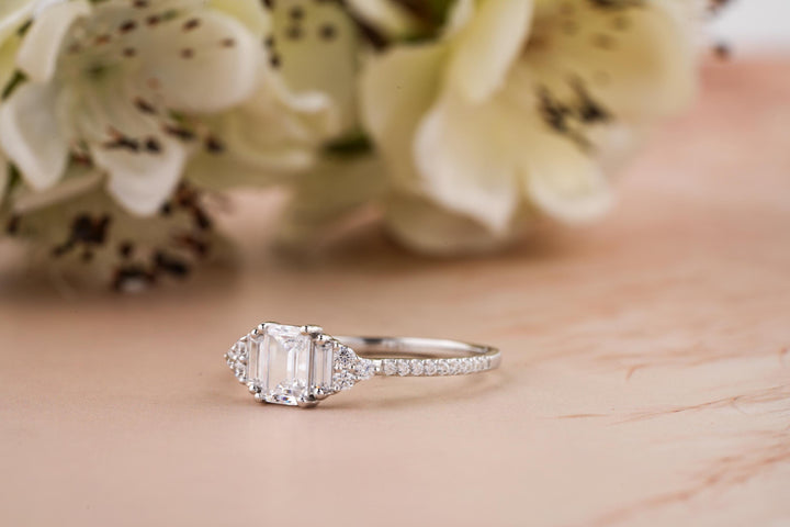 0.50CT Emerald Cut 3 Stone Lab Grown Diamond Engagement Ring For Women