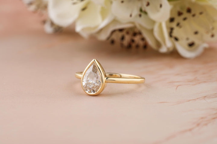 1.50CT Pear Cut Bezel Set Lab Grown Diamond Engagement Ring For Women
