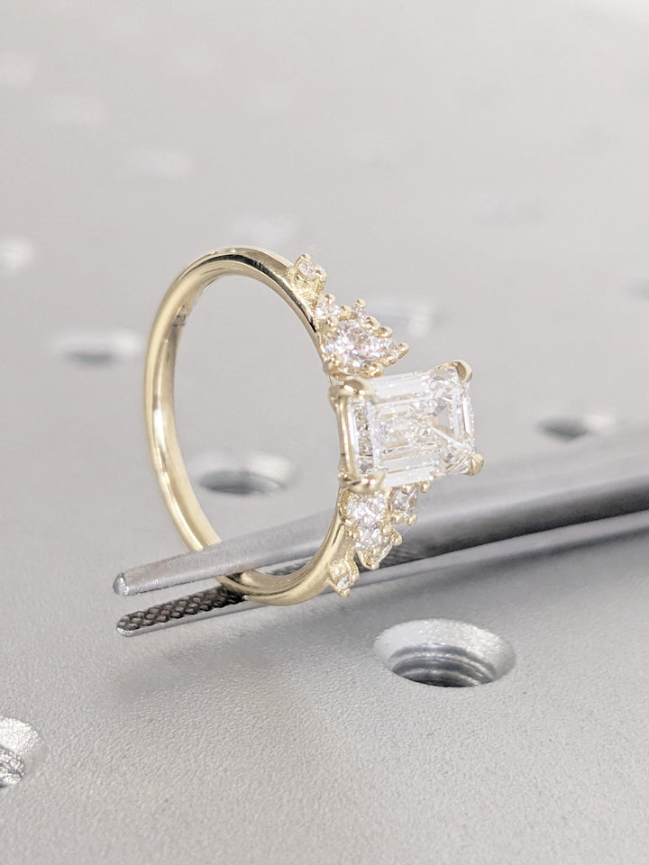 1.0CT Emerald Cut Cluster Lab Grown Diamond Engagement Ring Unique Wedding Ring