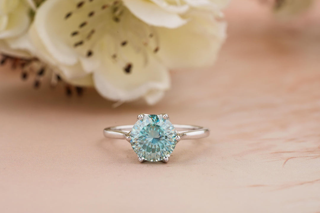 2.0CT Cyan Blue Portuguese Cut Solitaire Lab Grown Diamond Engagement Ring For Women