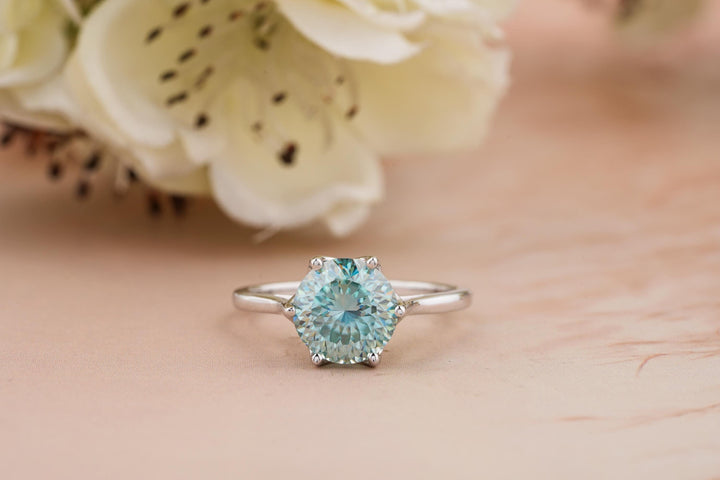 2.0CT Cyan Blue Portuguese Cut Solitaire Lab Grown Diamond Engagement Ring For Women