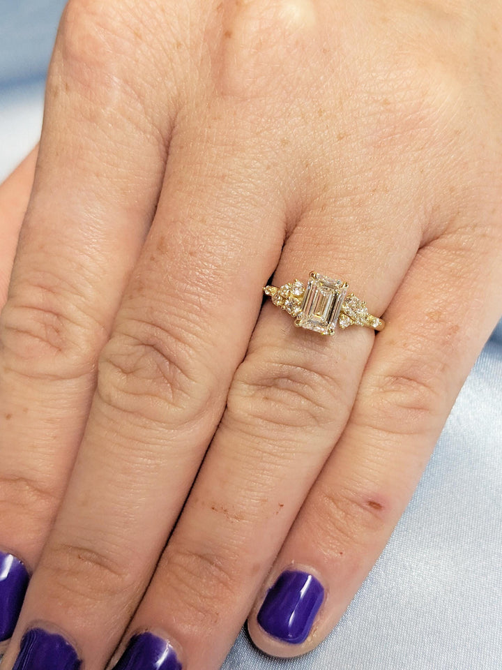1.0CT Emerald Cut Cluster Lab Grown Diamond Engagement Ring Unique Wedding Ring