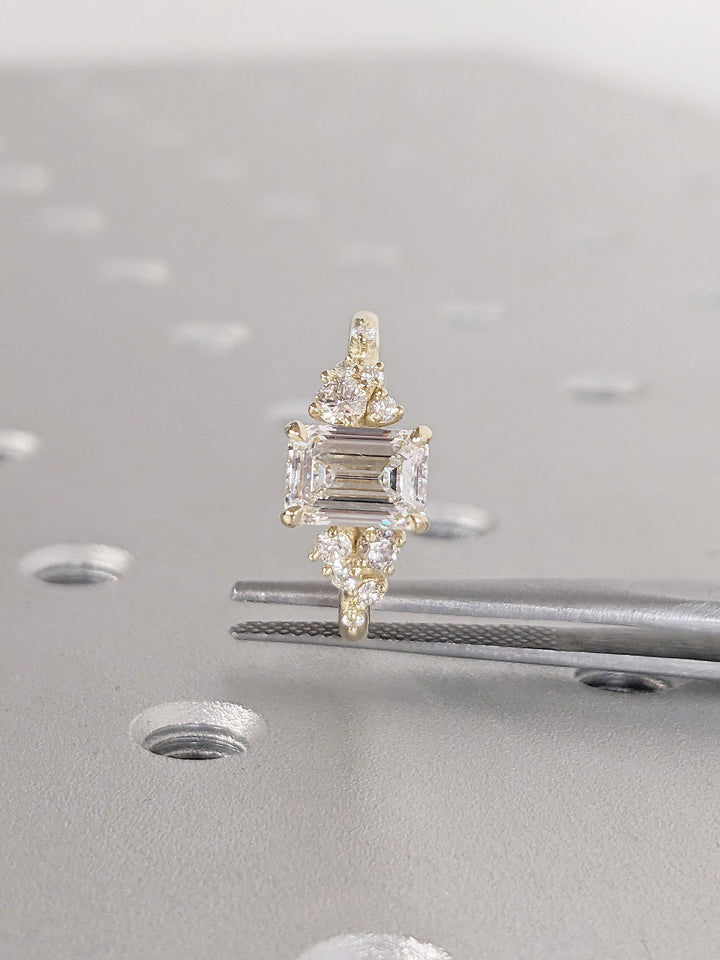 1.0CT Emerald Cut Cluster Lab Grown Diamond Engagement Ring Unique Wedding Ring