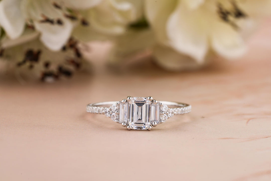 0.50CT Emerald Cut 3 Stone Lab Grown Diamond Engagement Ring For Women