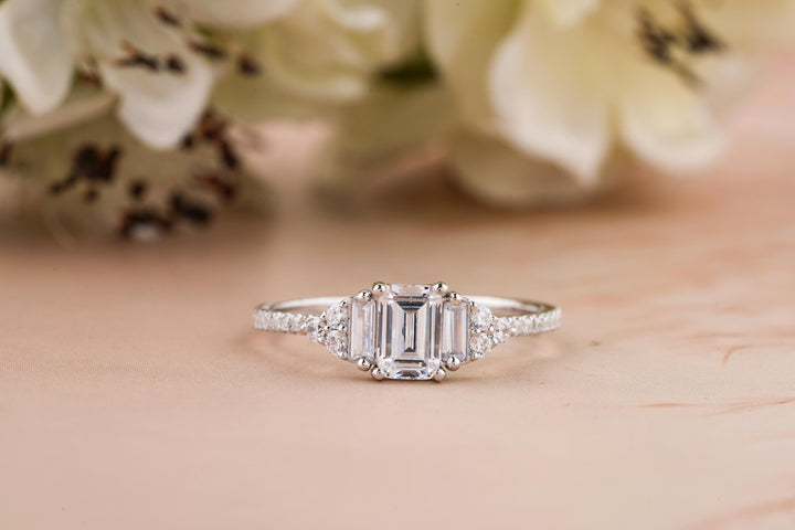 0.50CT Emerald Cut 3 Stone Lab Grown Diamond Engagement Ring For Women