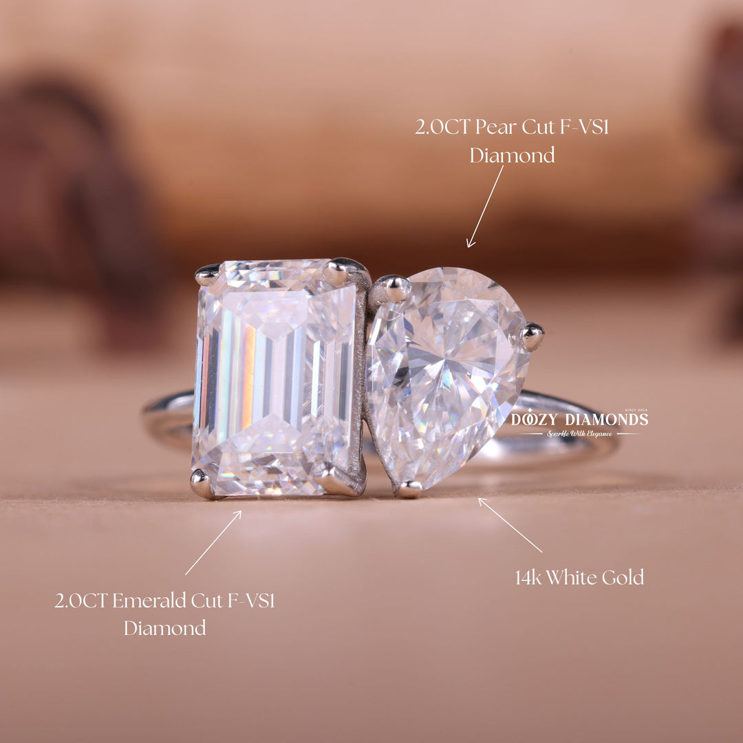 Pear & Emerald Cut Lab Grown E/VS1 Two Stone Diamond Engagement Ring - Doozy Diamonds