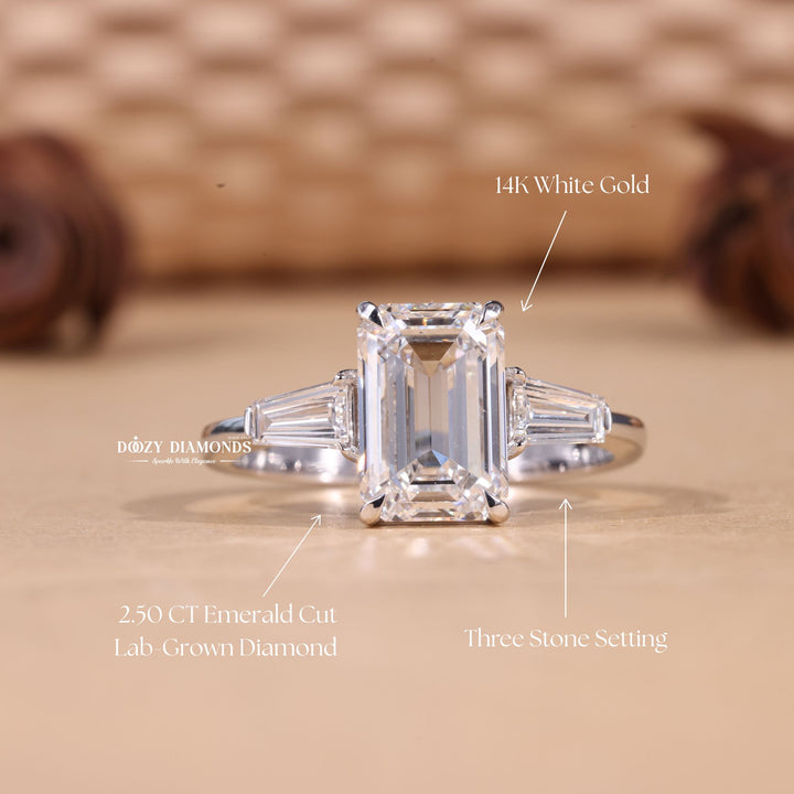 3.0CT - 4.0CT Emerald Cut F/VS1 Lab Grown Three Stone Diamond Engagement Ring - Doozy Diamonds