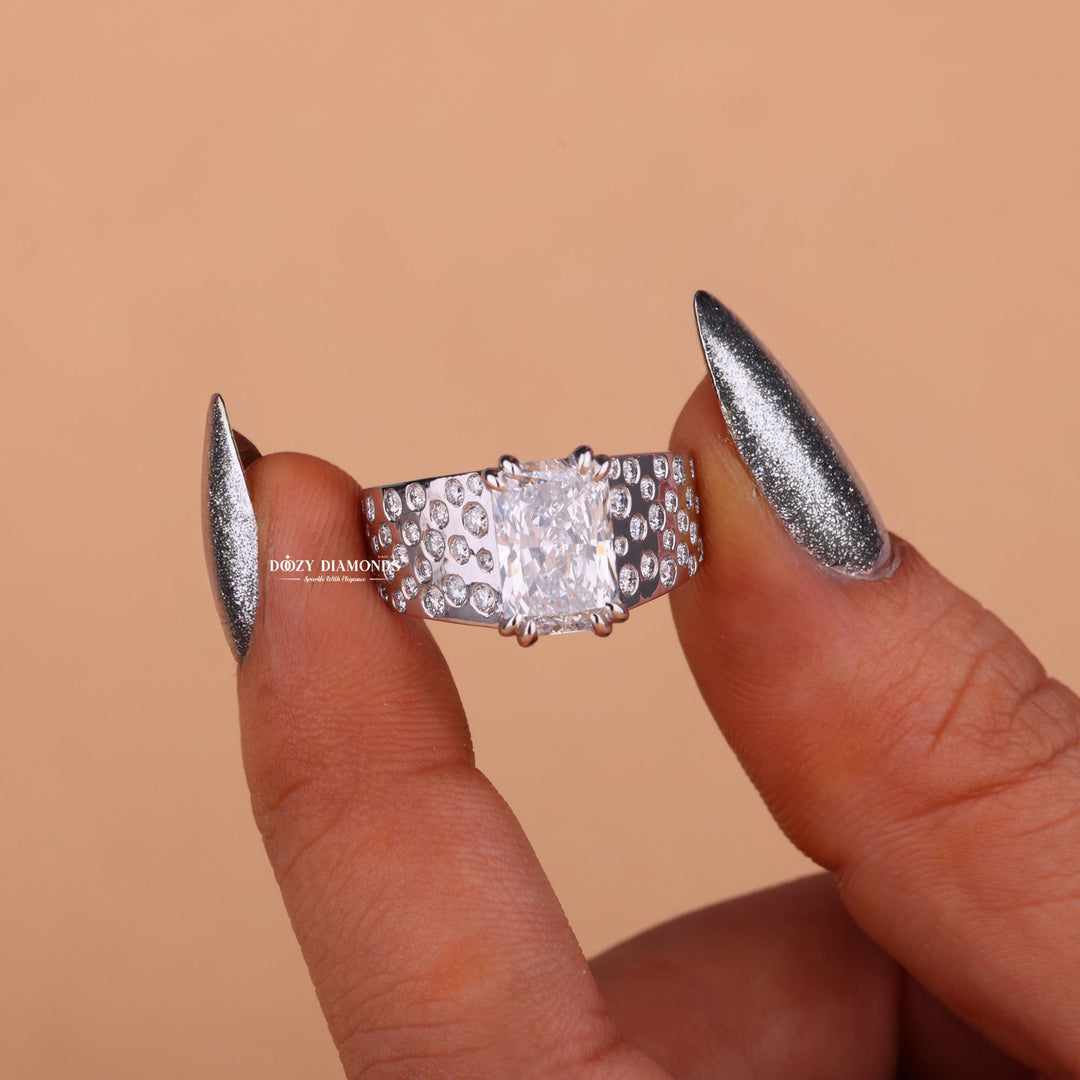 ethical diamond ring, eco friendly diamond ring, conflict free diamond ring, radiant cut engagement ring, radiant diamond ring, flush set engagement ring, flush set diamond ring, modern engagement ring,