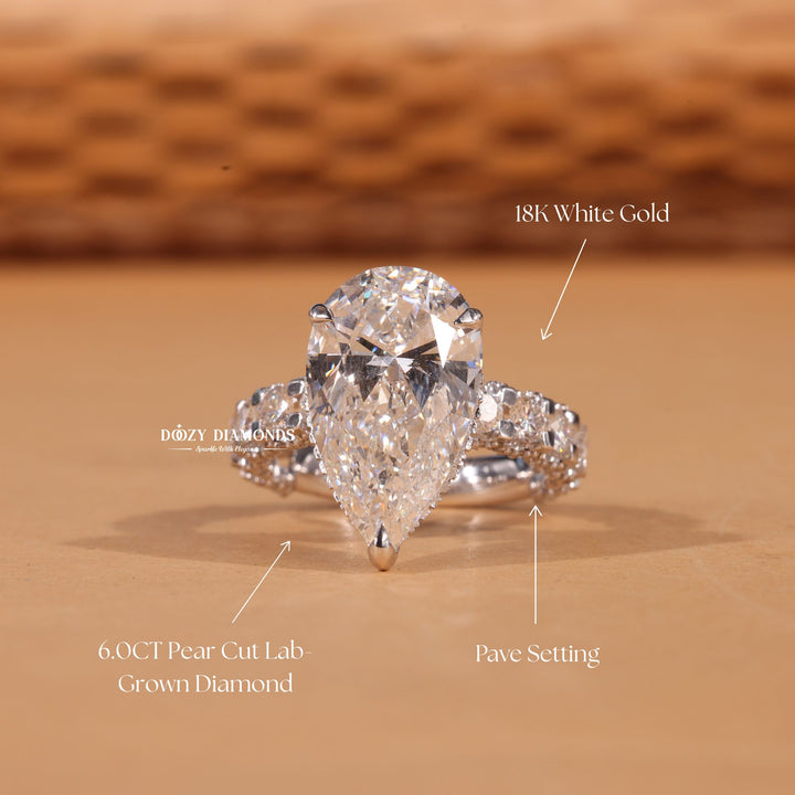 5.0CT - 7.0CT Pear F/VS2 Lab Grown Diamond Pave Engagement Ring - Doozy Diamonds
