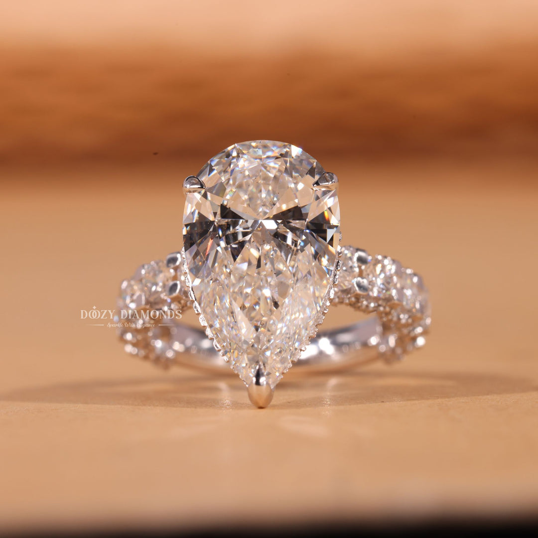 5.0CT - 7.0CT Pear F/VS2 Lab Grown Diamond Pave Engagement Ring - Doozy Diamonds