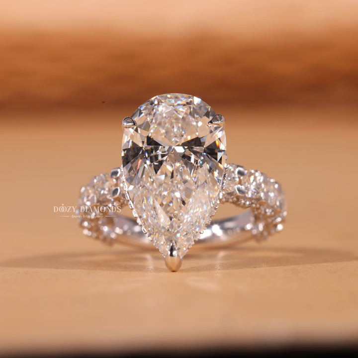 5.0CT - 7.0CT Pear F/VS2 Lab Grown Diamond Pave Engagement Ring - Doozy Diamonds