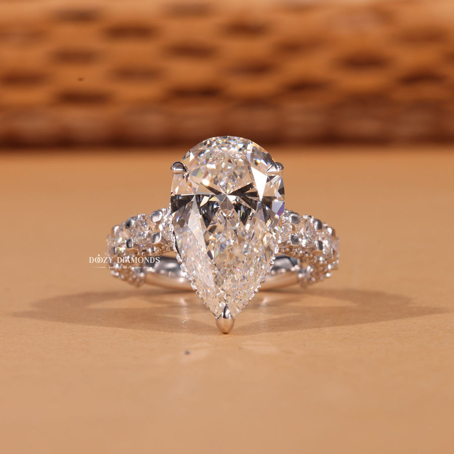 5.0CT - 7.0CT Pear F/VS2 Lab Grown Diamond Pave Engagement Ring - Doozy Diamonds
