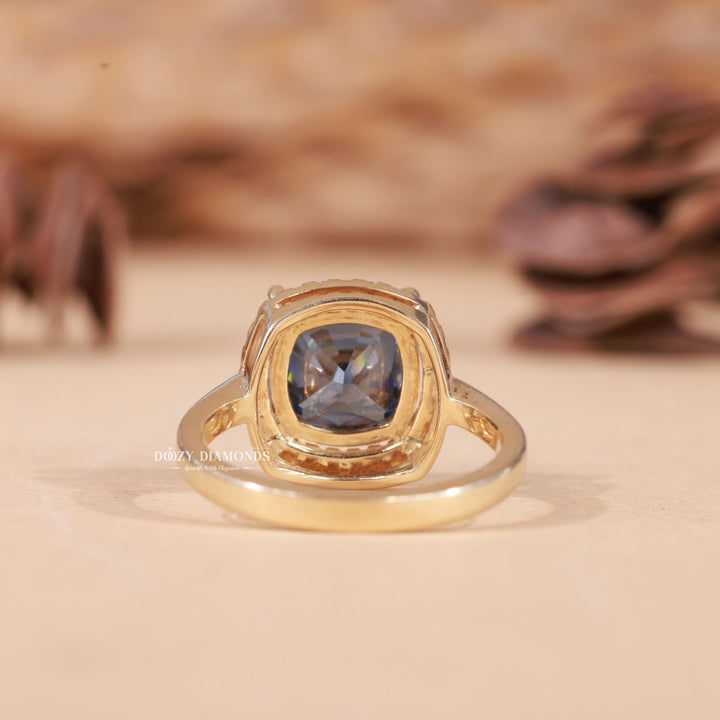 Royal Blue Cushion Cut Lab Grown E/VS2 Halo Diamond Engagement Ring - Doozy Diamonds