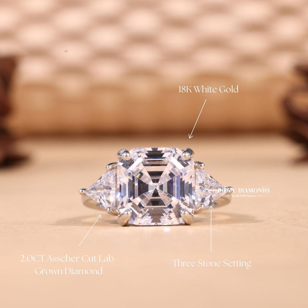 2.0CT - 3.0CT Asscher E/VS2 Lab Grown Three Stone Diamond Engagement Ring - Doozy Diamonds