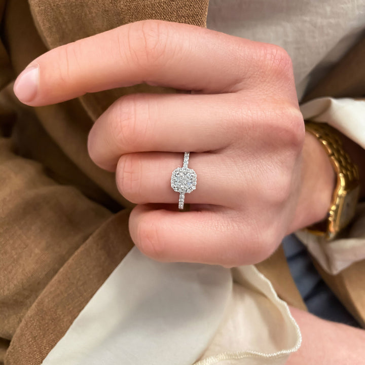 0.76 CT Cushion F - VS1 Diamond Halo & Pave Setting Engagement Ring - Doozy Diamonds