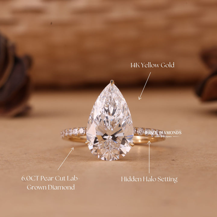 5.0CT - 7.0CT Pear Cut EF/VS1 Lab Grown Diamond Hidden Halo Engagement Ring - Doozy Diamonds
