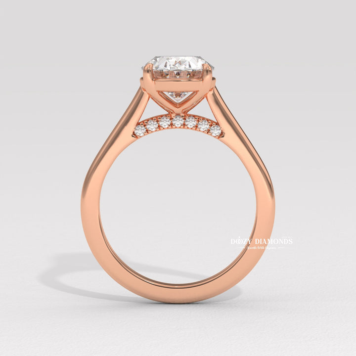 classic solitaire ring, oval diamond solitaire, solitaire engagement ring, micro pave diamond ring, french pave ring, shared prong pave ring, split shank engagement ring, twisted band ring,