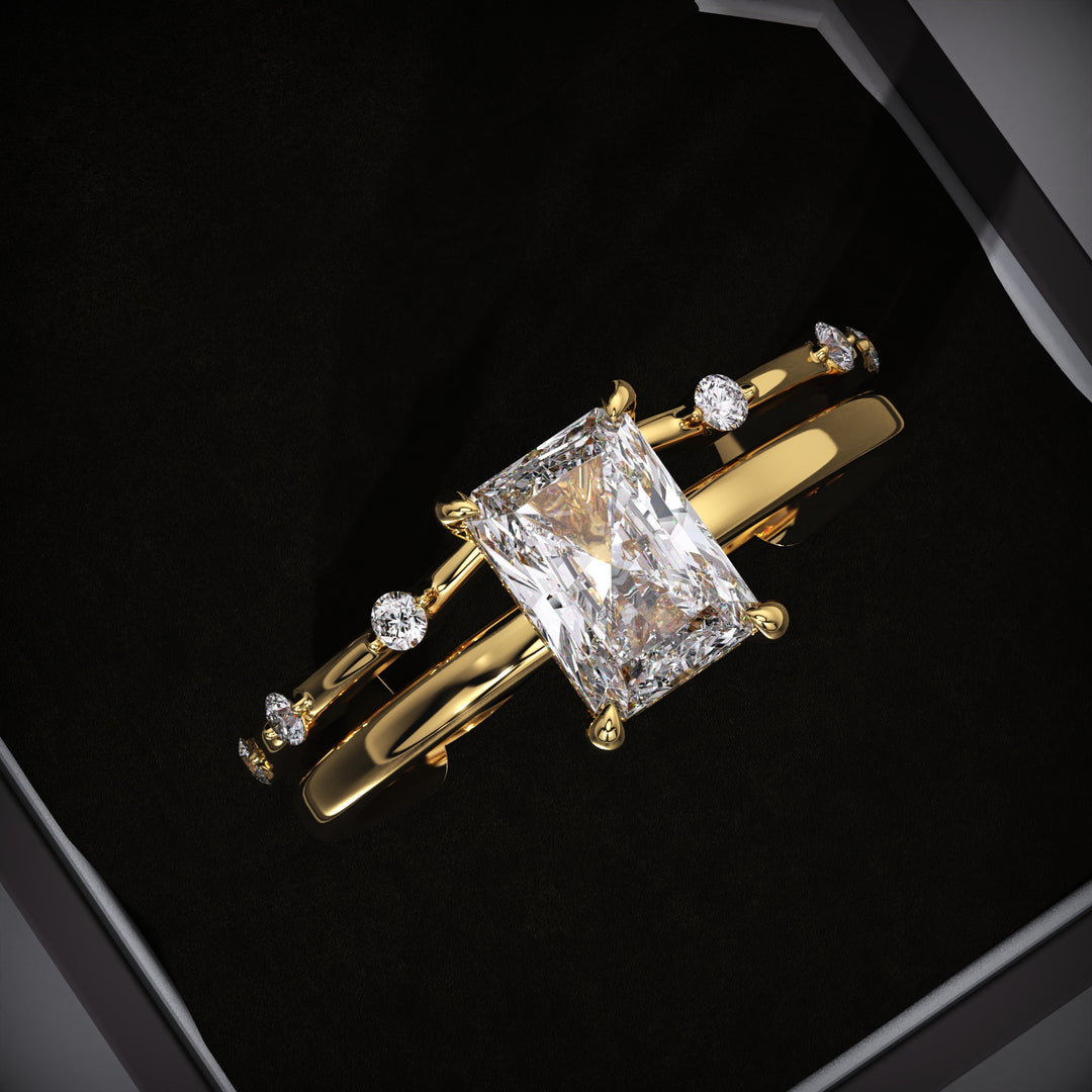 Radiant Lab Grown Diamond Hidden Halo Engagement Ring With Distance Pave Band