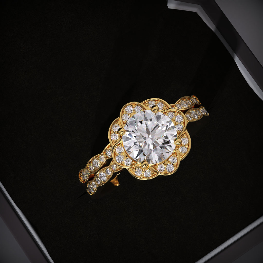 Round Lab Grown Flower Engagement Ring - Vintage Wedding Band Set