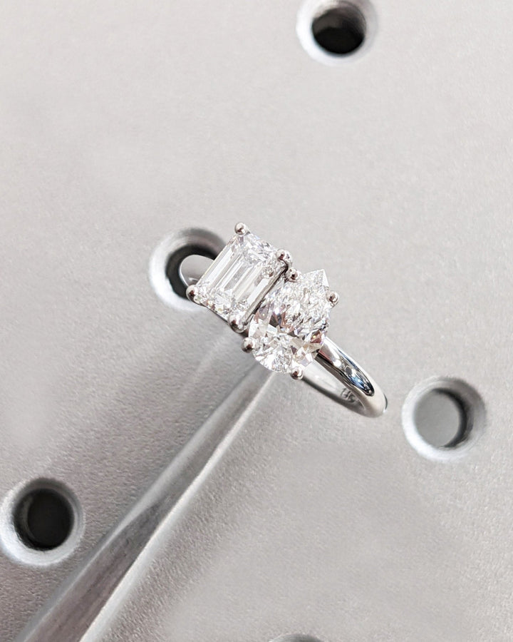 1.0CT Double Stone Engagement Ring Pear Cut and Emerald Cut Lab Grown Diamond Two Stone Wedding Ring - Doozy Diamonds
