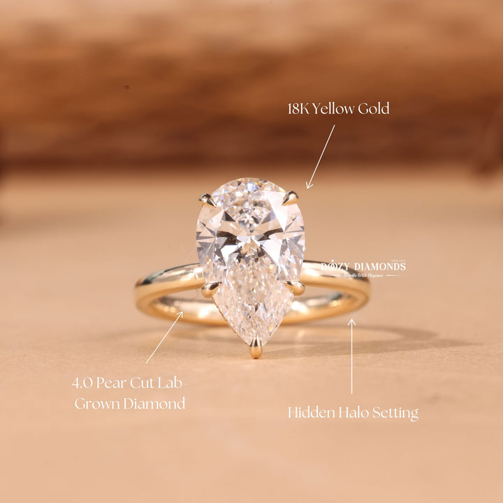 3.0CT - 5.0CT Pear Cut E/VS1 Lab Grown Diamond Hidden Halo Engagement Ring - Doozy Diamonds