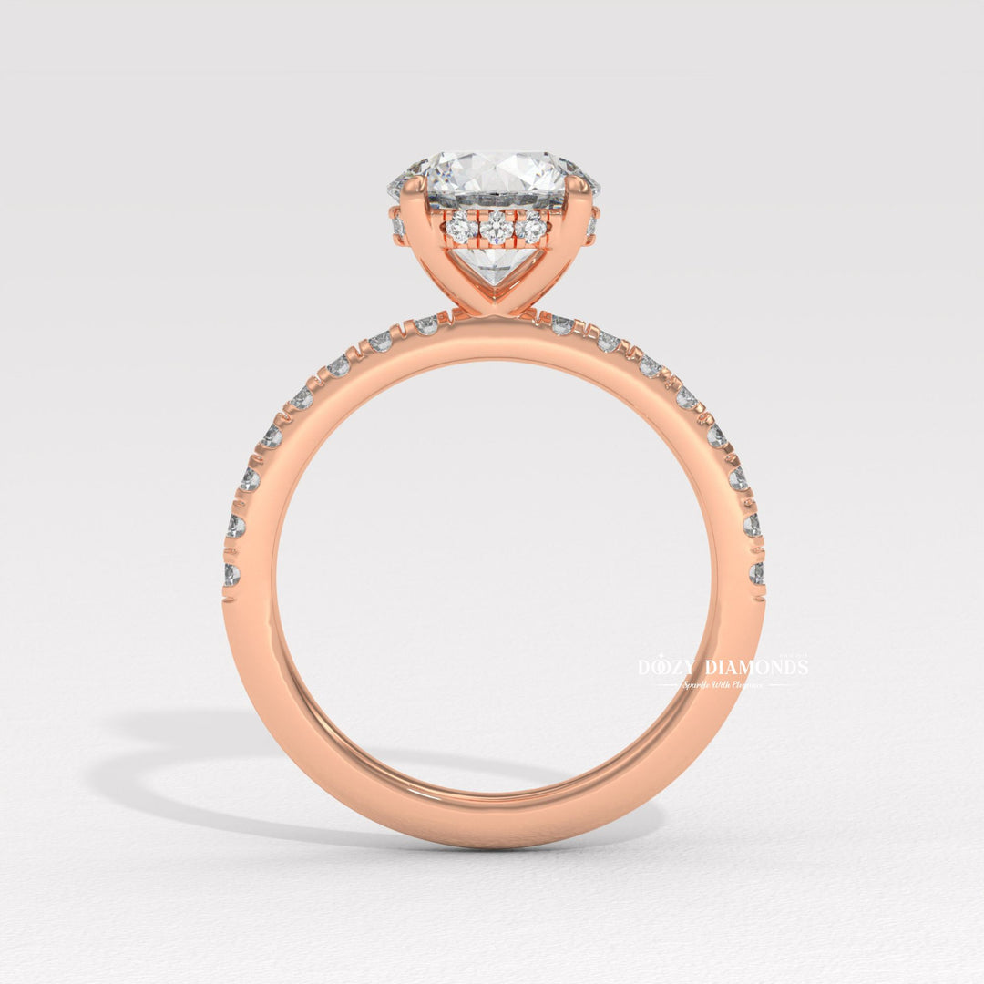 premium bridal jewelry, timeless bridal jewelry, elegant bridal jewelry, round halo ring, hidden halo ring, cathedral engagement ring, cathedral ring, bezel set diamond ring, prong set diamond ring
