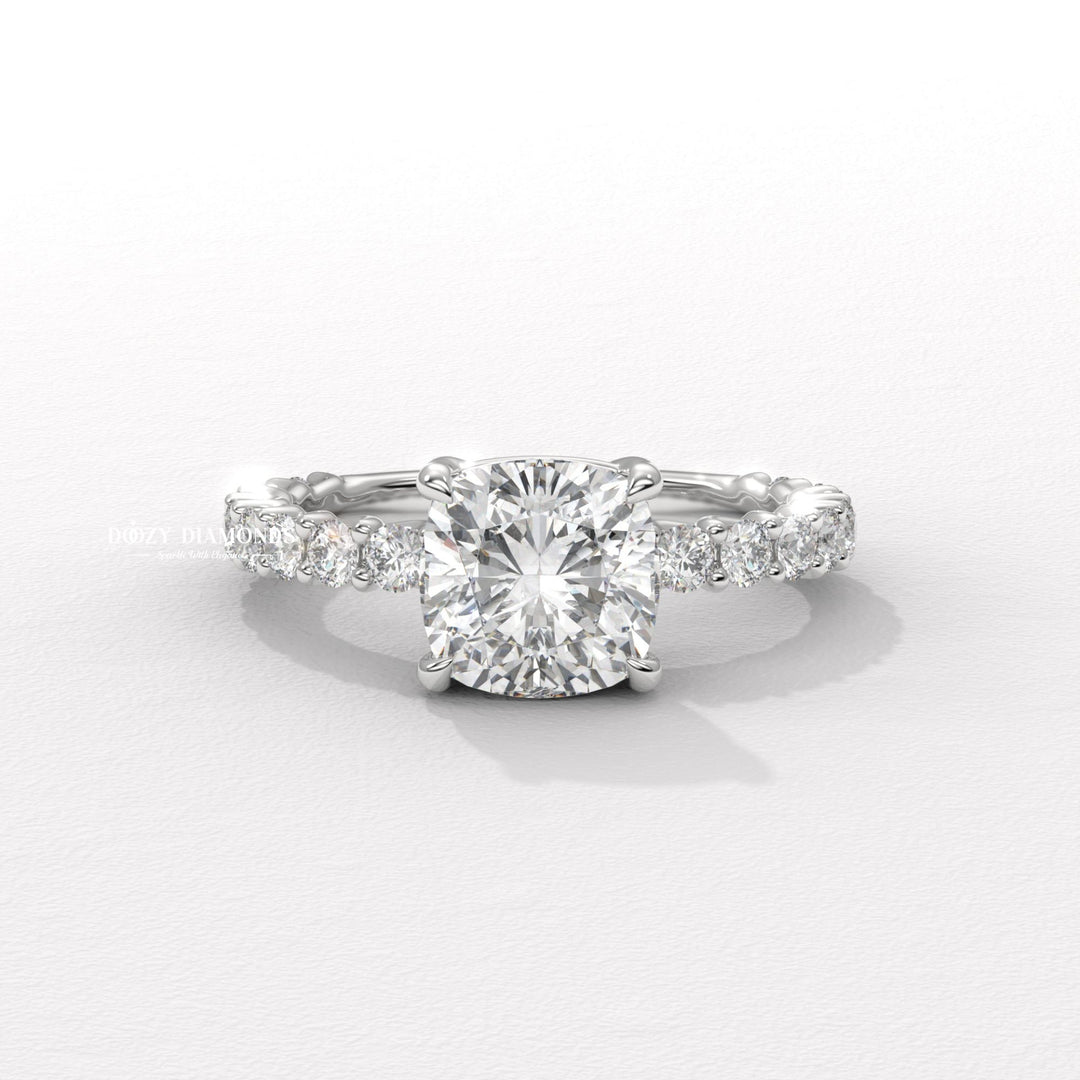cushion halo ring, cushion hidden halo ring, cushion pave ring, cushion cathedral ring, cushion bezel ring, cushion prong set ring, four prong engagement ring, basket setting ring, tulip setting ring,