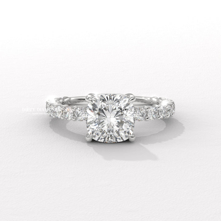 cushion halo ring, cushion hidden halo ring, cushion pave ring, cushion cathedral ring, cushion bezel ring, cushion prong set ring, four prong engagement ring, basket setting ring, tulip setting ring,