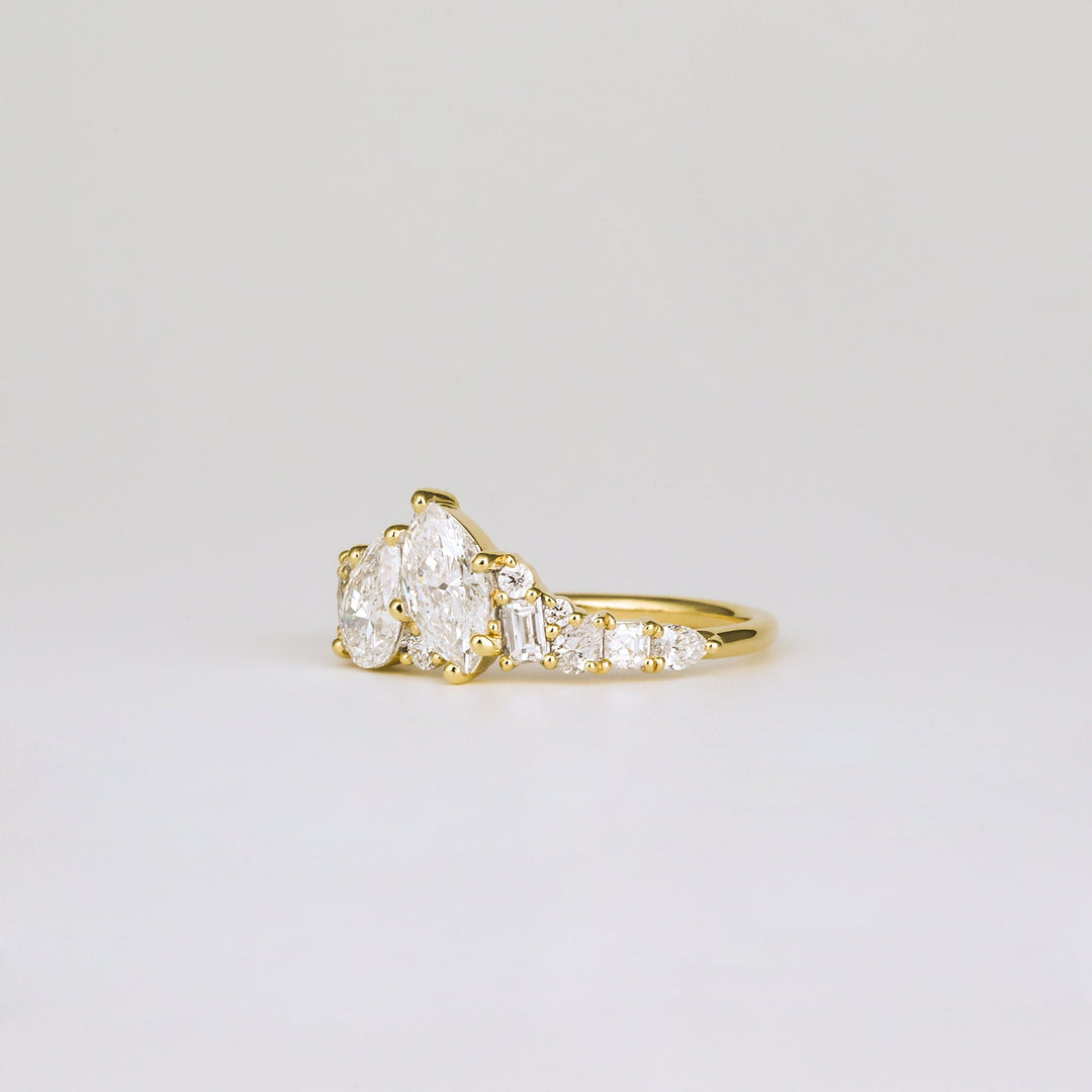 marquise pear engagement ring, marquise pear cluster ring, luxury two stone ring, marquise proposal ring, pear proposal ring, engagement ring for her, bridal jewelry, luxury jewelry gift, modern romance ring, artisan engagement ring, handcrafted luxury ring, premium bridal jewelry,