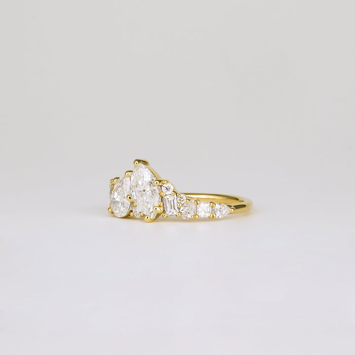 marquise pear engagement ring, marquise pear cluster ring, luxury two stone ring, marquise proposal ring, pear proposal ring, engagement ring for her, bridal jewelry, luxury jewelry gift, modern romance ring, artisan engagement ring, handcrafted luxury ring, premium bridal jewelry,