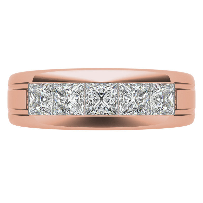 7mm Princess Cut Five Stone Moissanite Men's Wedding Band In Rose Gold