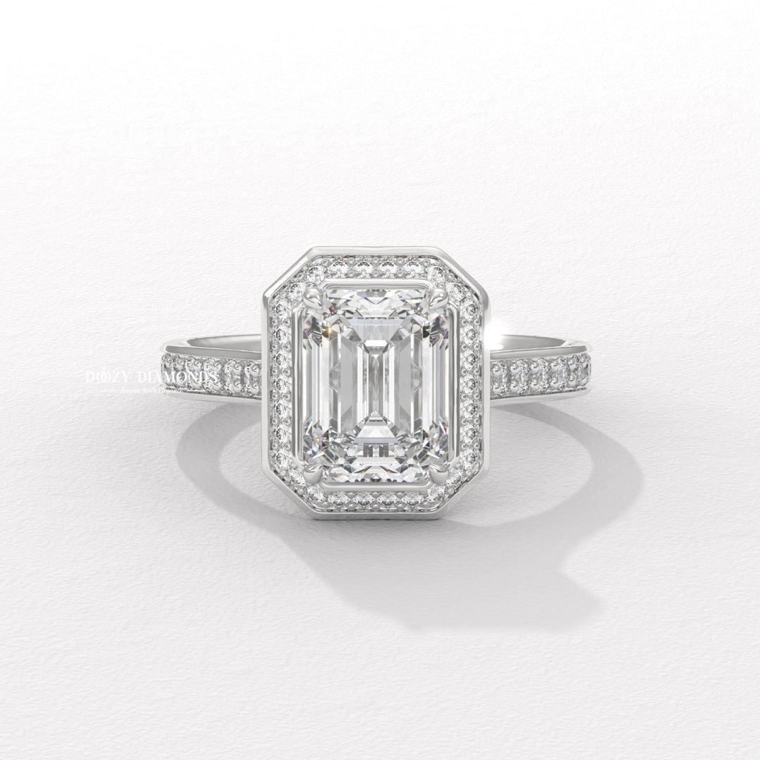 elegant bridal jewelry, diamond ring for women, luxury wedding ring, sparkling halo ring, classic halo engagement ring, emerald lab diamond ring, emerald diamond bridal ring,