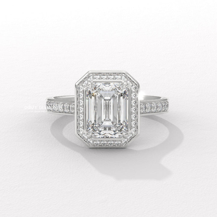 elegant bridal jewelry, diamond ring for women, luxury wedding ring, sparkling halo ring, classic halo engagement ring, emerald lab diamond ring, emerald diamond bridal ring,
