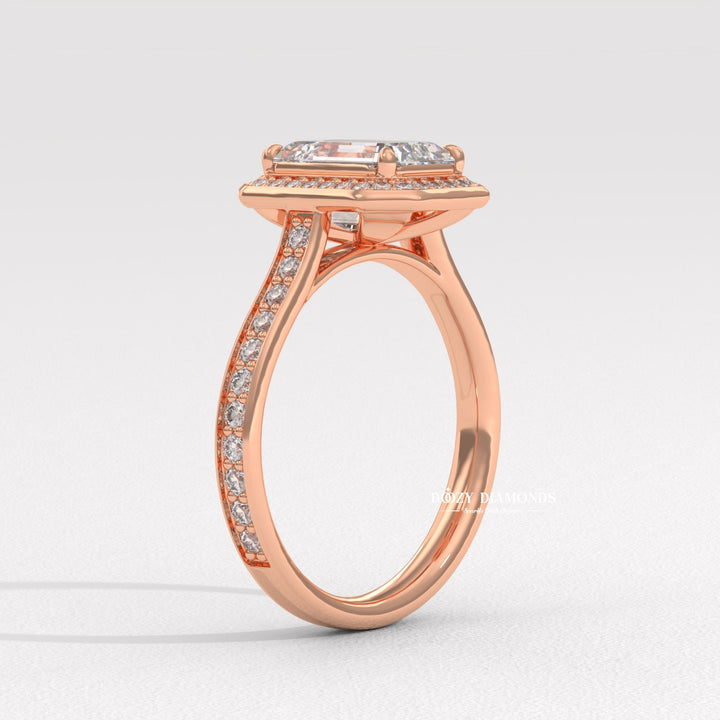 bridal ring set, emerald halo diamond ring, elegant bridal jewelry, diamond ring for women, luxury wedding ring, sparkling halo ring, classic halo engagement ring, emerald lab diamond ring, emerald diamond bridal ring, channel set halo ring, emerald cut bridal ring, luxury halo diamond ring,