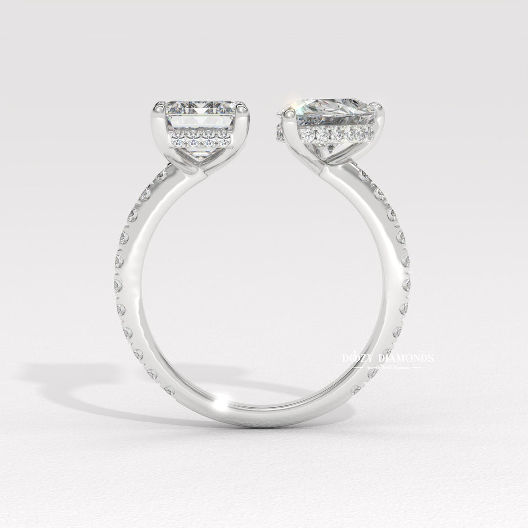 modern engagement ring, romantic proposal ring, pear diamond ring, emerald diamond ring, unique engagement ring, engagement jewelry, bridal accessories, luxury bridal ring,