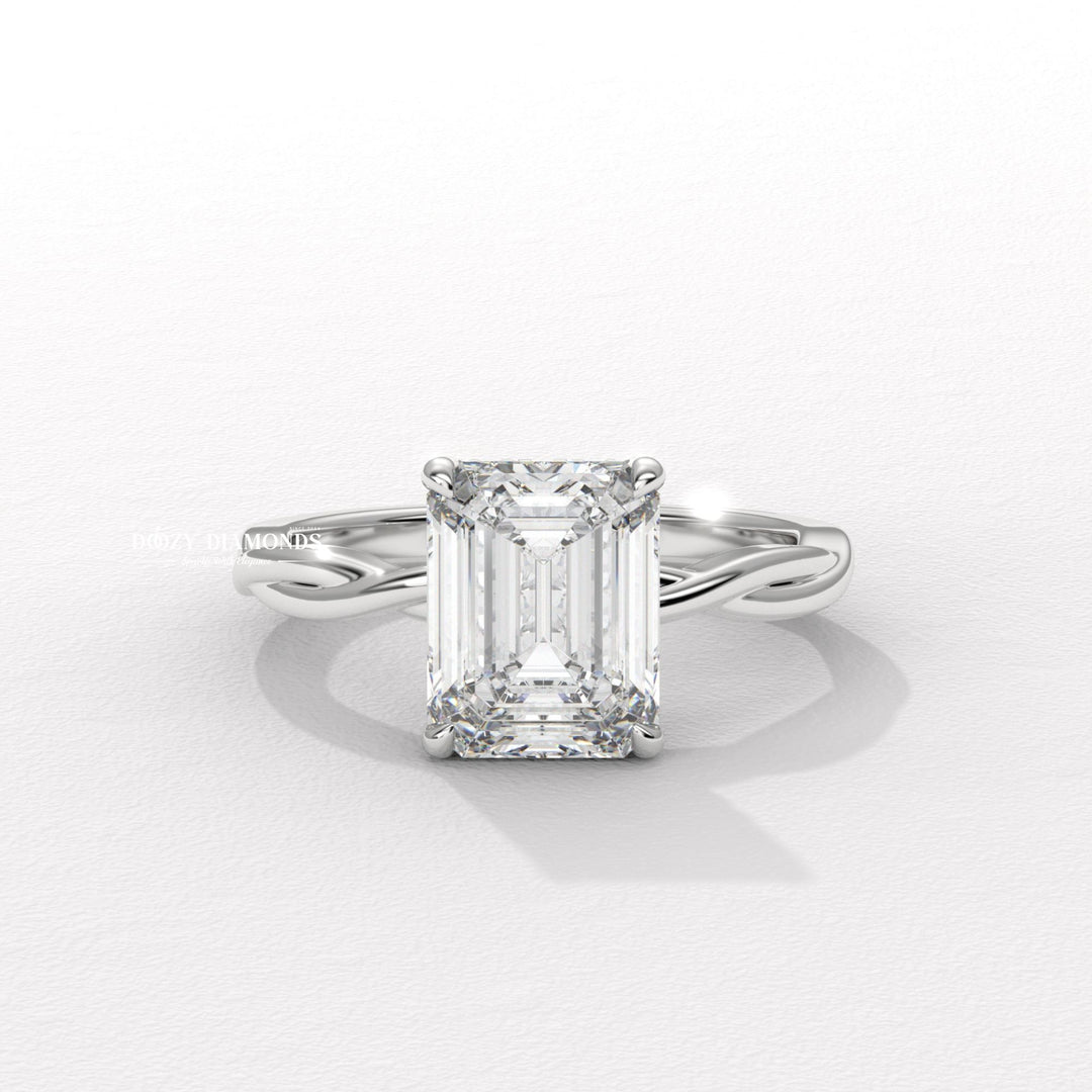 emerald diamond solitaire, solitaire engagement ring, micro pave diamond ring, french pave ring, shared prong pave ring, split shank engagement ring, twisted vine ring, infinity engagement ring, crossover diamond ring, luxury diamond ring, feminine engagement ring, delicate diamond ring,