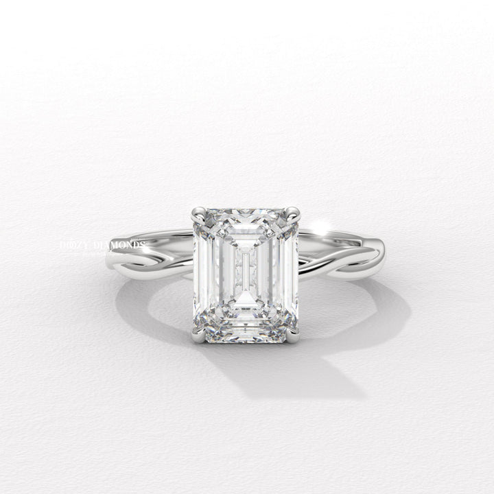 emerald diamond solitaire, solitaire engagement ring, micro pave diamond ring, french pave ring, shared prong pave ring, split shank engagement ring, twisted vine ring, infinity engagement ring, crossover diamond ring, luxury diamond ring, feminine engagement ring, delicate diamond ring,