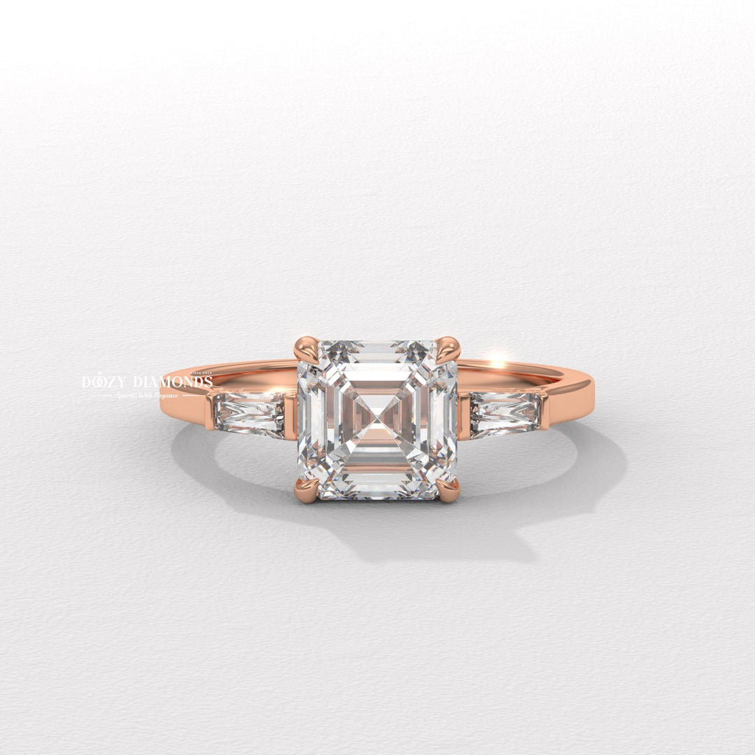 modern three stone ring, classic three stone ring, asscher diamond solitaire, micro pave diamond ring,