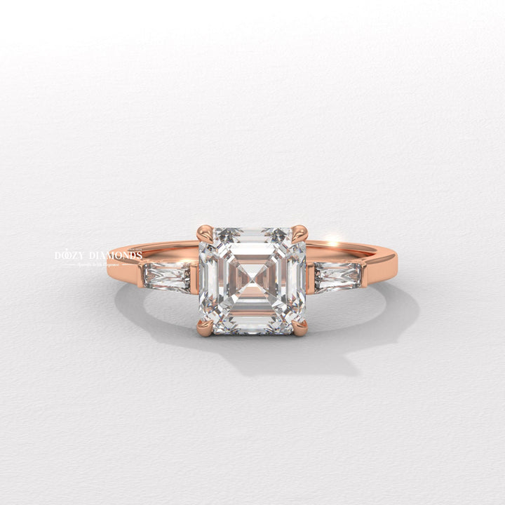 modern three stone ring, classic three stone ring, asscher diamond solitaire, micro pave diamond ring,