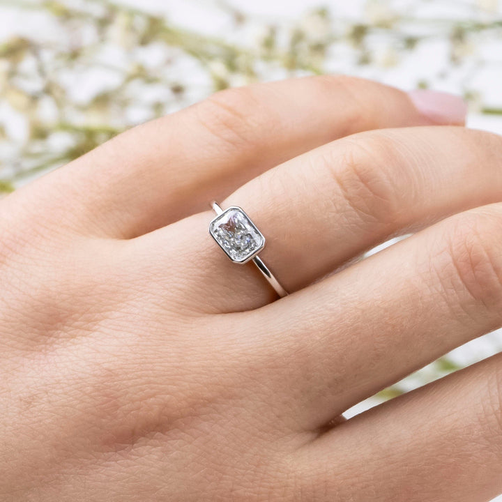 1.0CT East West Emerald Cut Moissanite Solitaire Diamond Engagement Ring