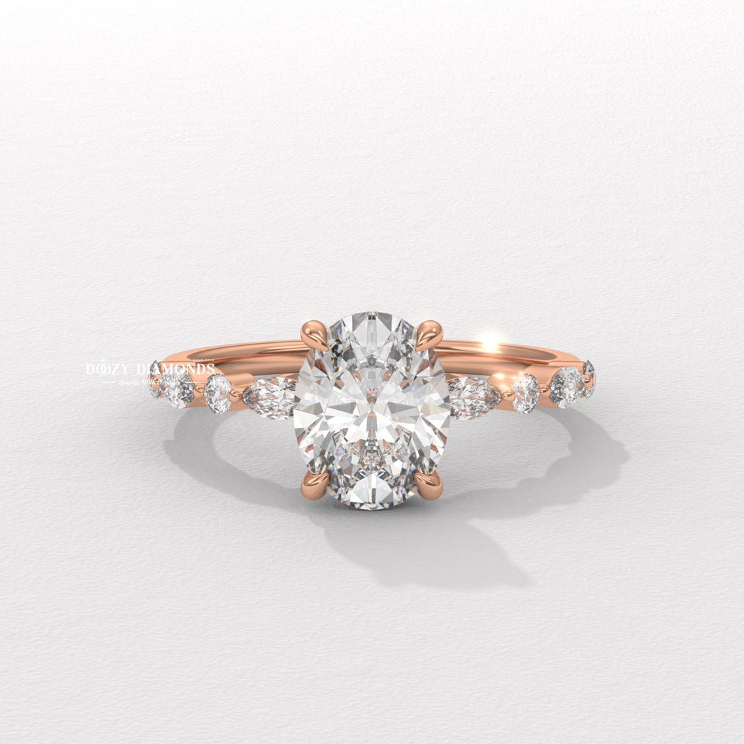 timeless diamond jewelry, designer oval ring, marquise diamond bridal ring, premium engagement ring, luxury side stone ring.