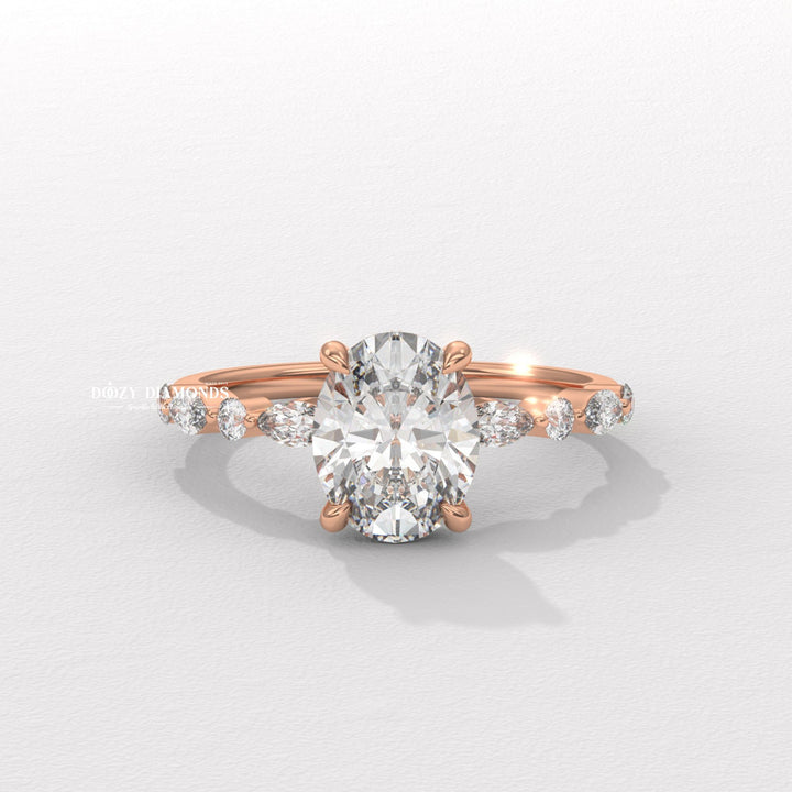 timeless diamond jewelry, designer oval ring, marquise diamond bridal ring, premium engagement ring, luxury side stone ring.