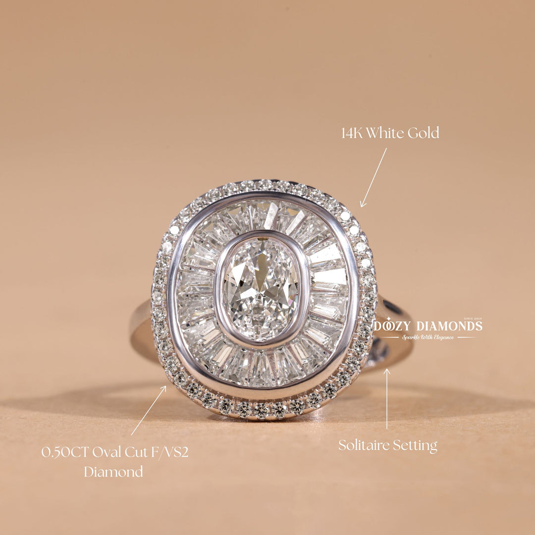 Oval cluster engagement ring finished in polished solid gold