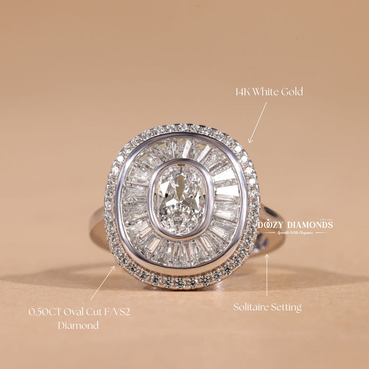Oval cluster engagement ring finished in polished solid gold
